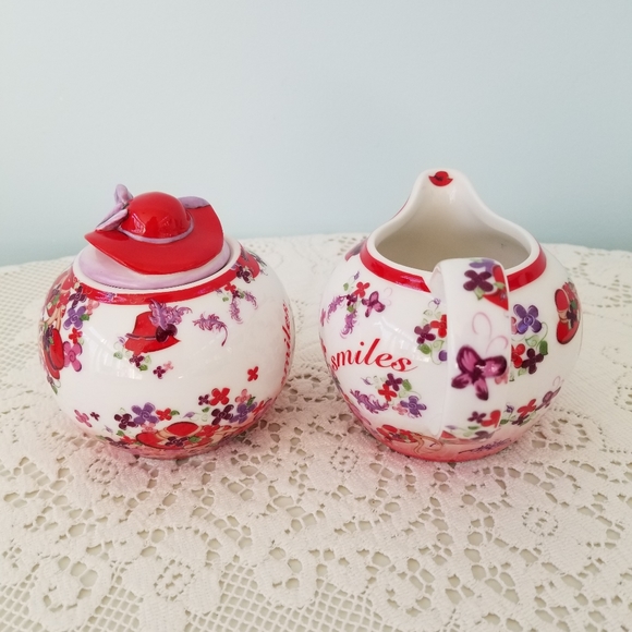 Red Hat Society Paul Cardew Pink Chintz 2004 Porcelain Creamer And Sugar Bowl - Picture 3 of 10